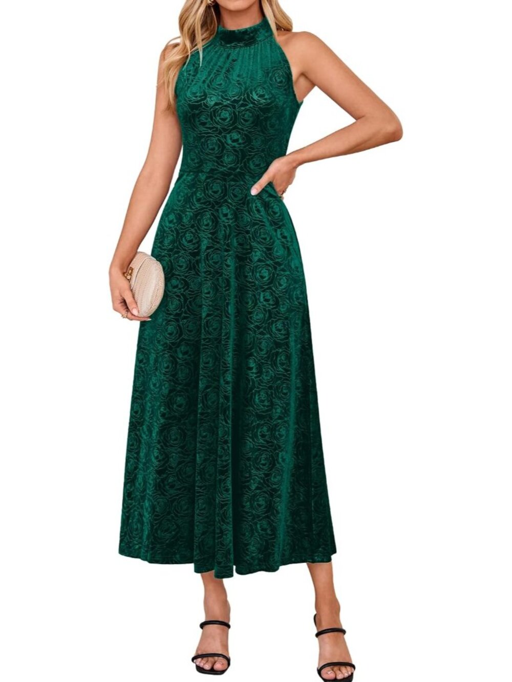 Women's Dark Green Velvet Halter Floral Aline Sleeveless Wedding Maxi Dresses